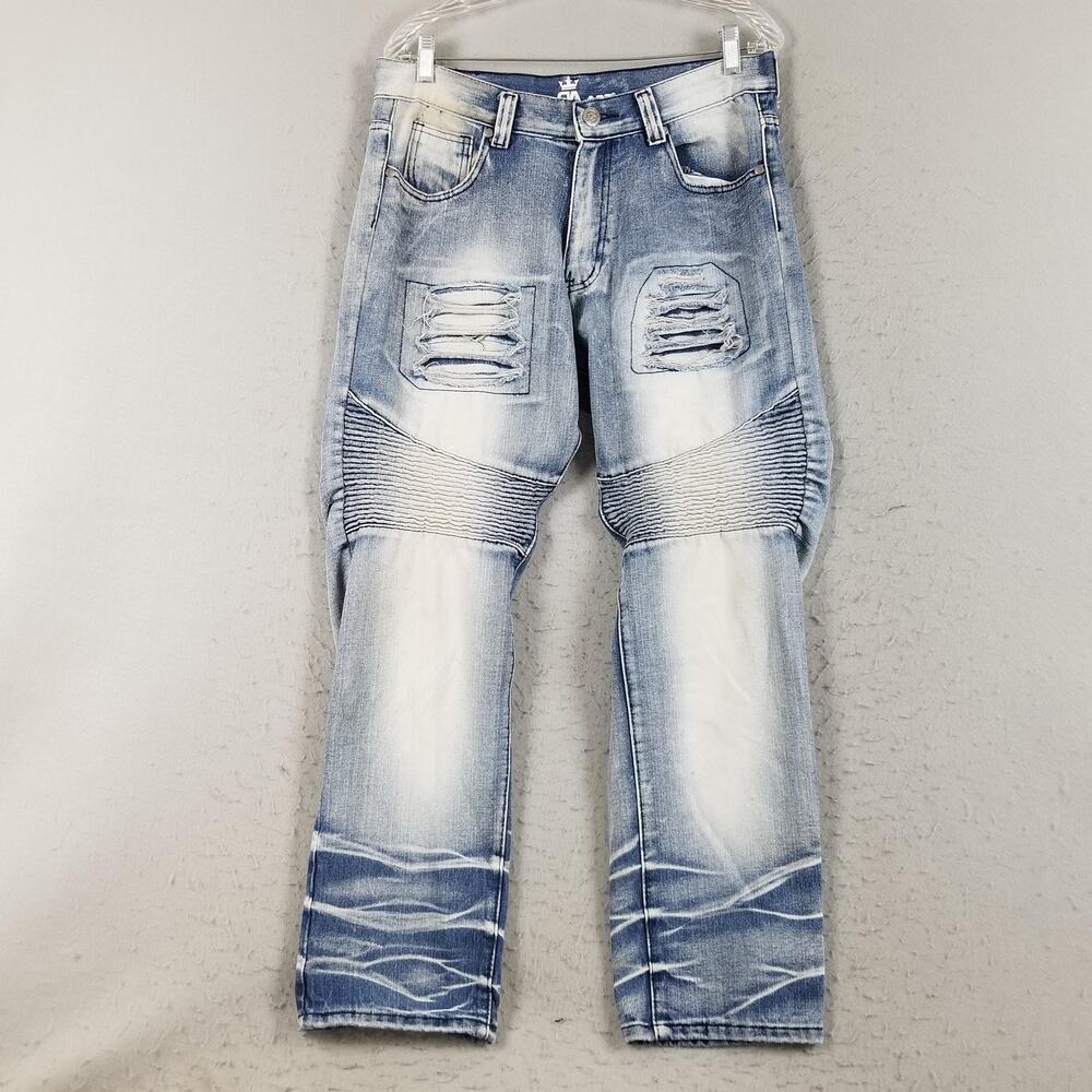 Red Ape Jeans Mens 32 Blue Light Wash Distressed Moto Biker Ribbed Knees Stacked